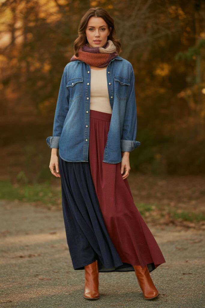 Denim Shirt + Maxi Skirt (Layered)