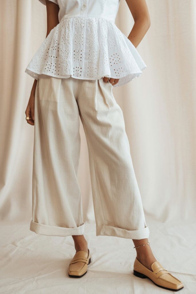 Elevated Errands Peplum Eyelet Shirt with Wide-Leg Pants