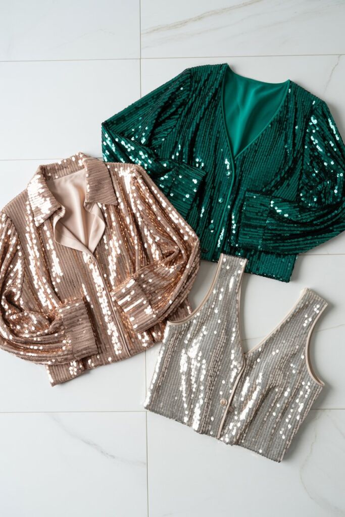 Flat lay of 3 sequin blouses in different styles