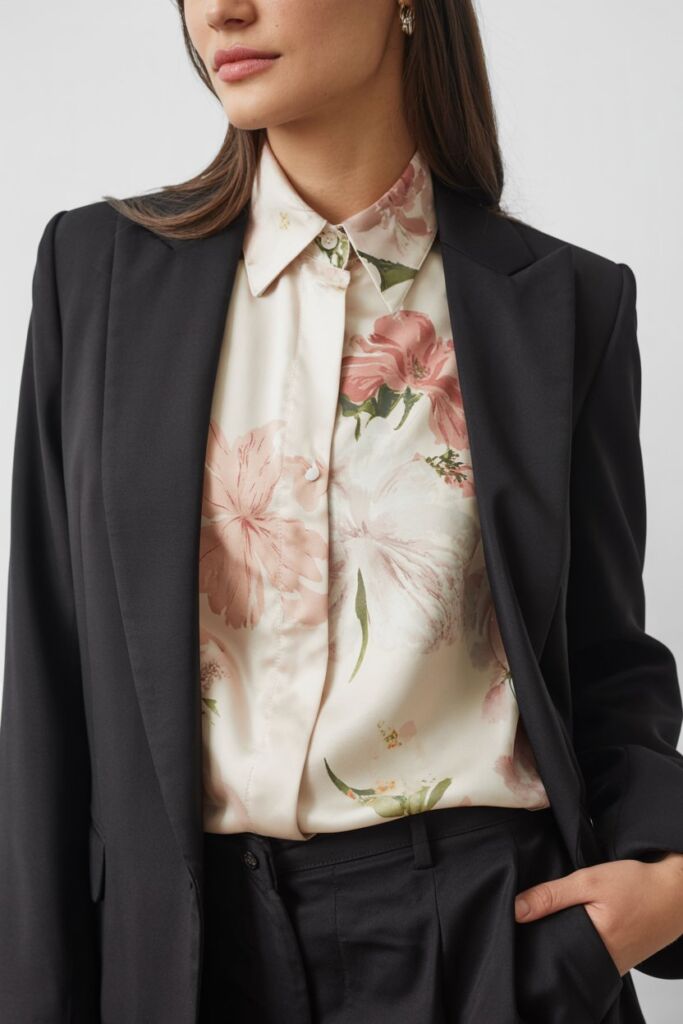 Floral silk blouse with black blazer