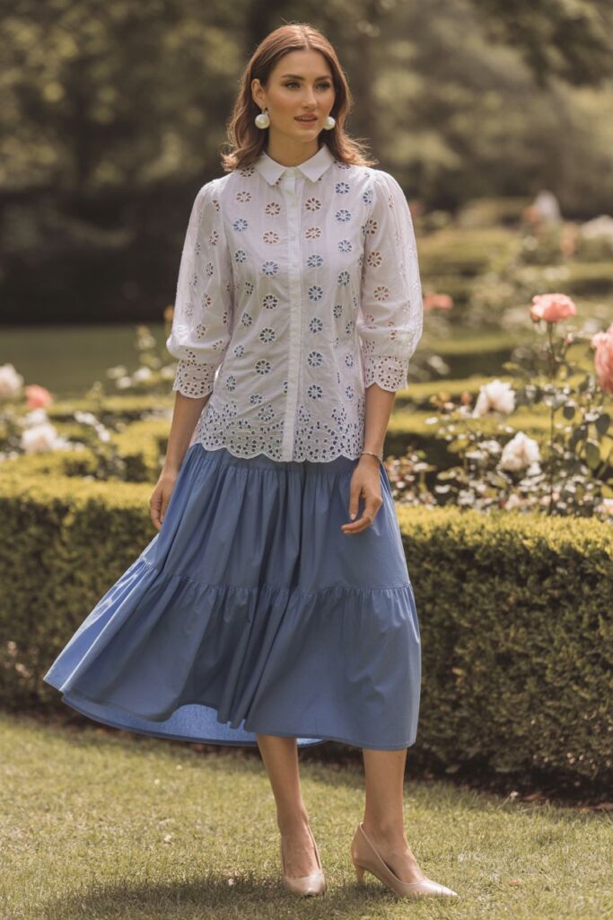 Garden Party Perfect Floral Eyelet Shirt with Tiered Skirt