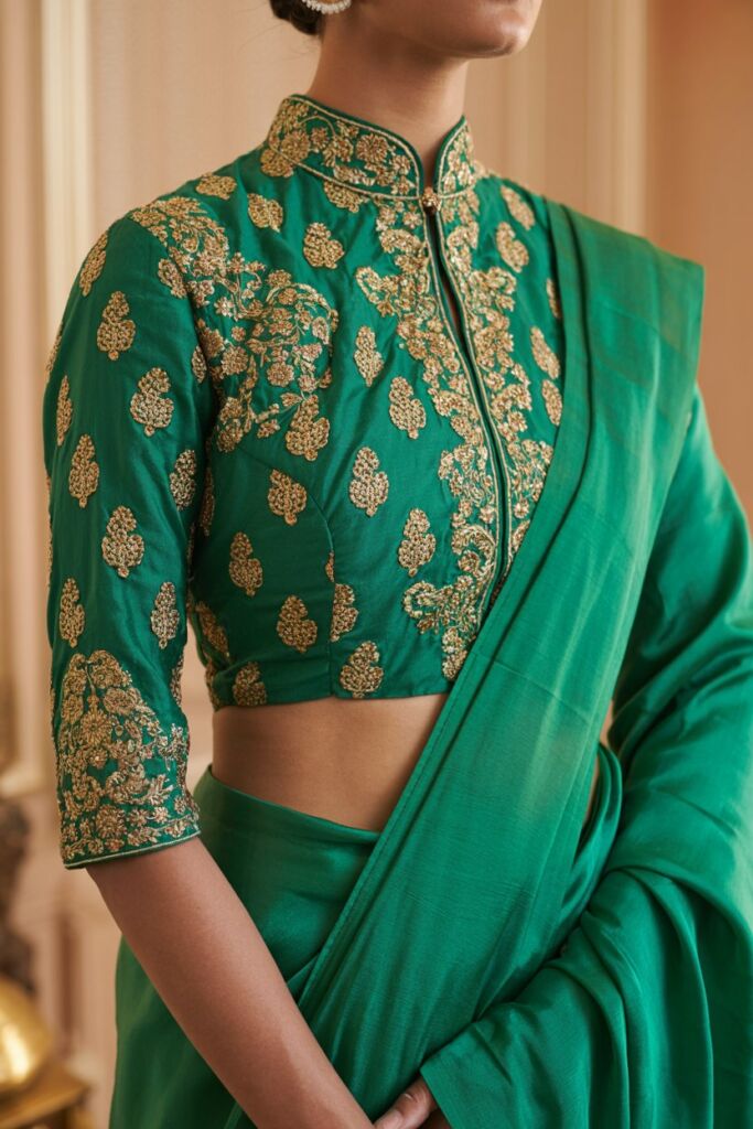 Gold-embroidered high neck kurti blouse in emerald green, worn with a matching silk saree.