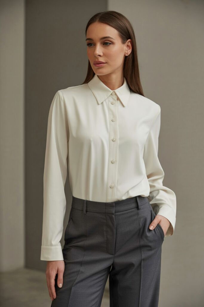 Ivory EVALESS blouse paired with charcoal trousers