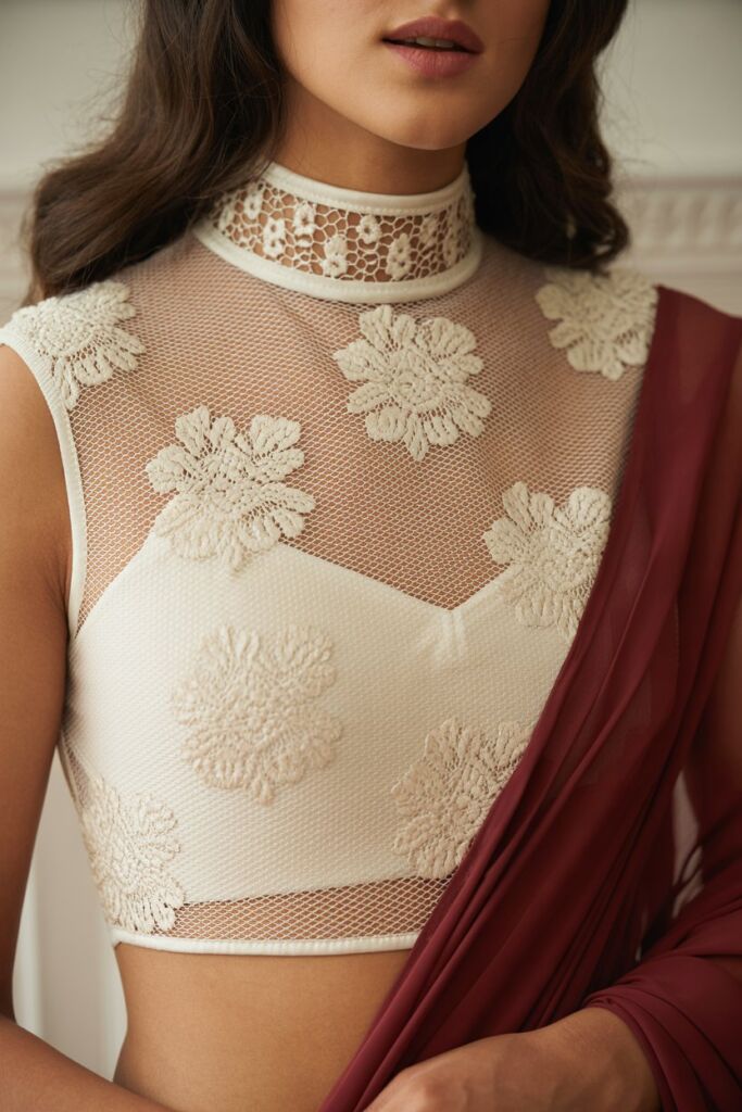 Ivory sheer net high neck blouse with floral lace appliqués, paired with a solid maroon saree.
