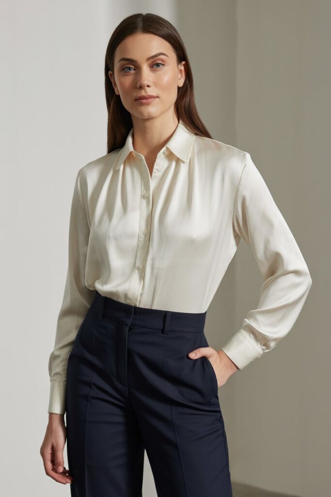 Ivory silk-cotton blouse with navy suit