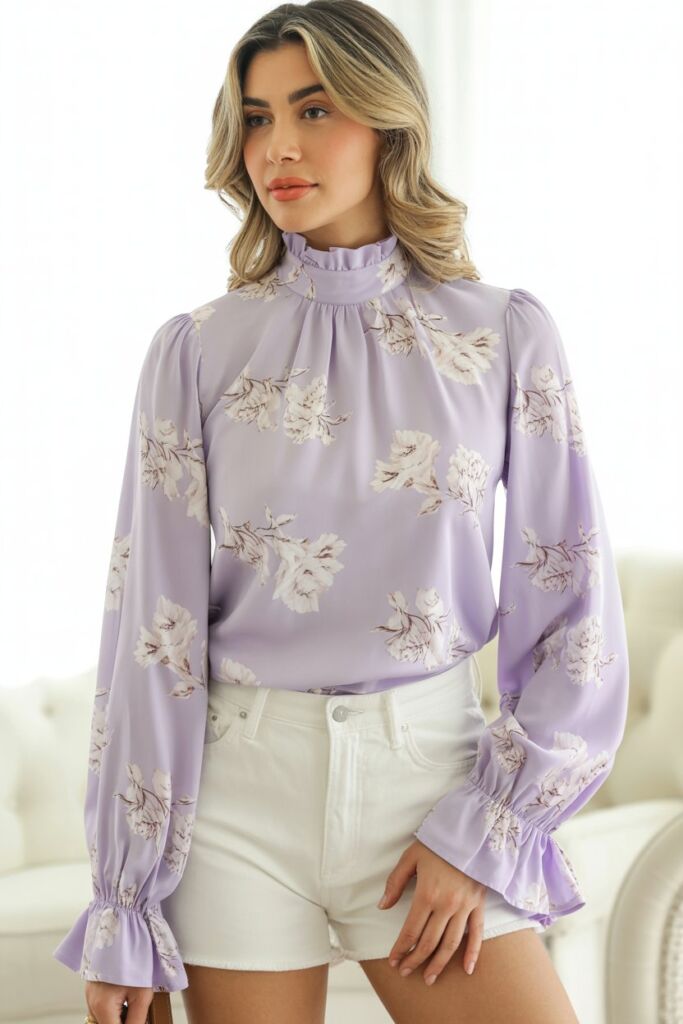 Lavender floral-printed high neck blouse with ruffled sleeves, worn with white denim shorts.