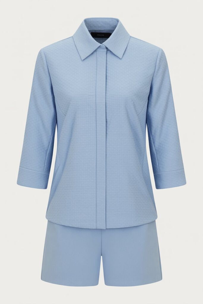 Light blue textured blouse with matching shorts (for Zoom upper body)
