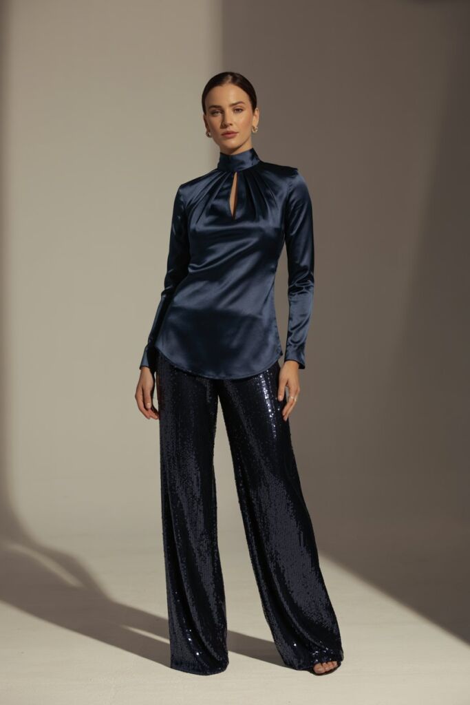 Midnight blue satin high neck blouse with back keyhole cutout, styled with wide-leg sequin pants.