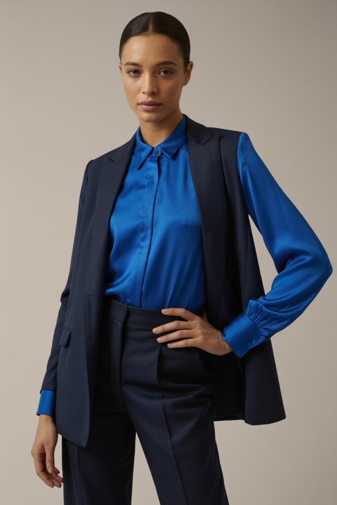 Model in long sleeve royal blue blouse with tailored blazer