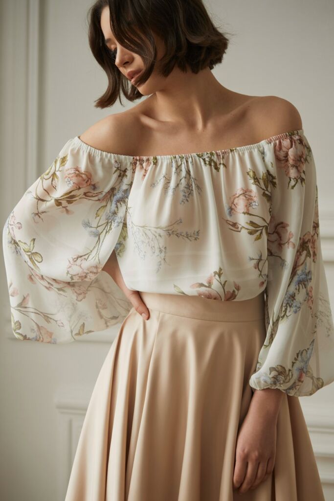 Off-shoulder flowy blouse with floral print paired with a midi skirt