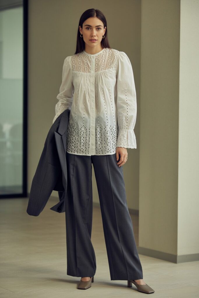 Office Ready Victorian Eyelet Blouse with Tailored Trousers
