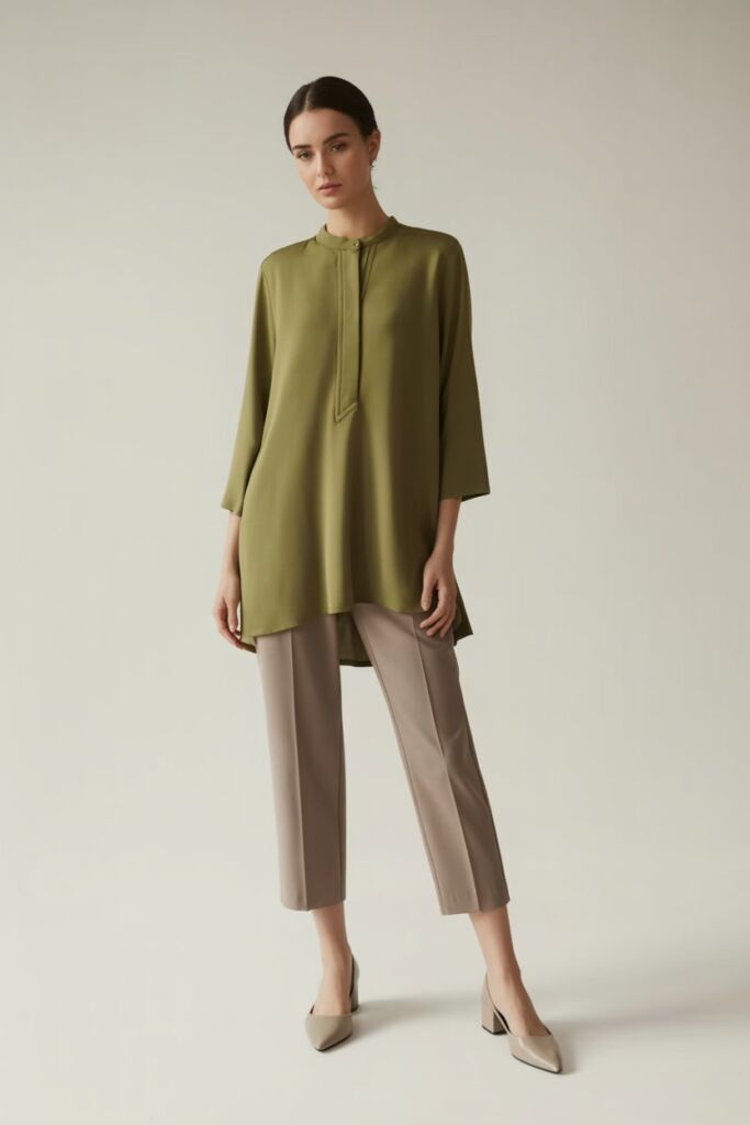 Olive green tunic blouse with cropped trousers