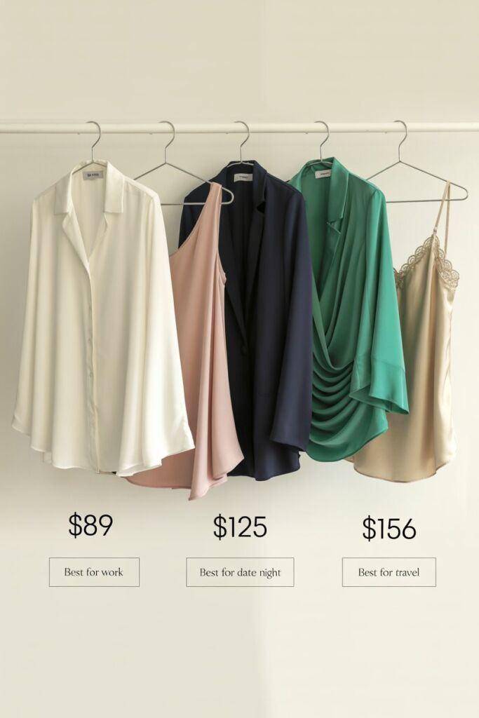 Product roundup of top silk blouses with price tags and best for labels