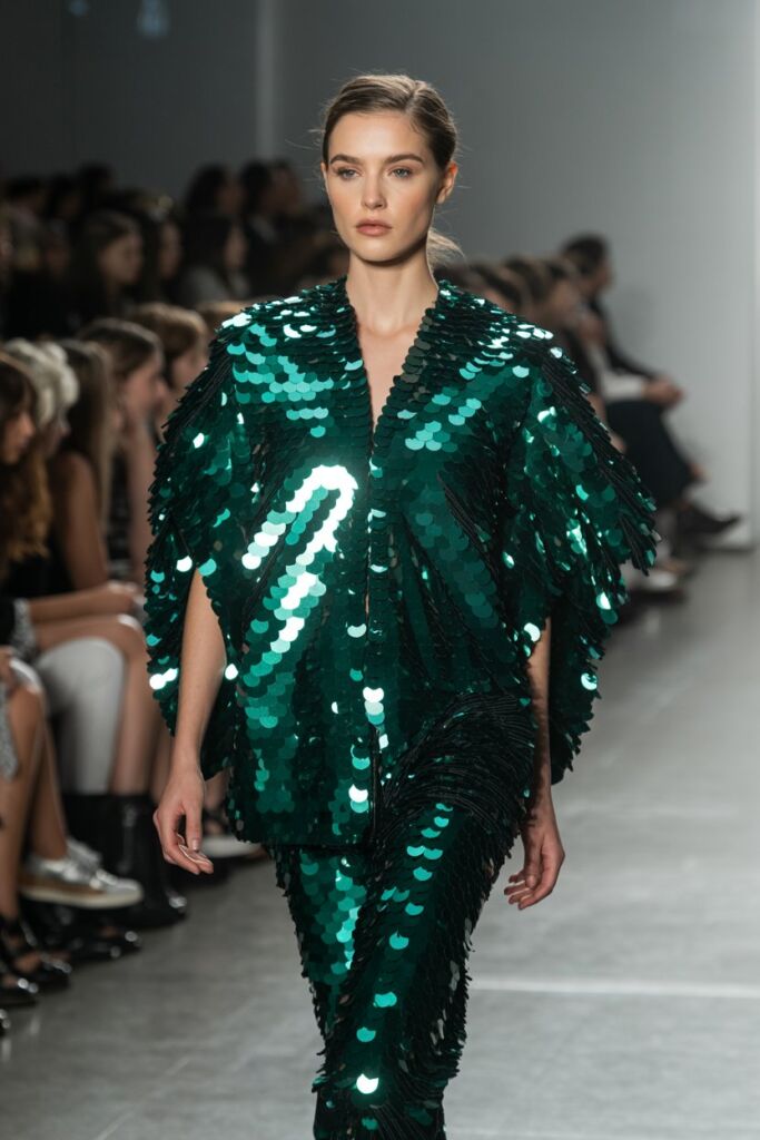 Runway look showing an oversized emerald sequin blouse