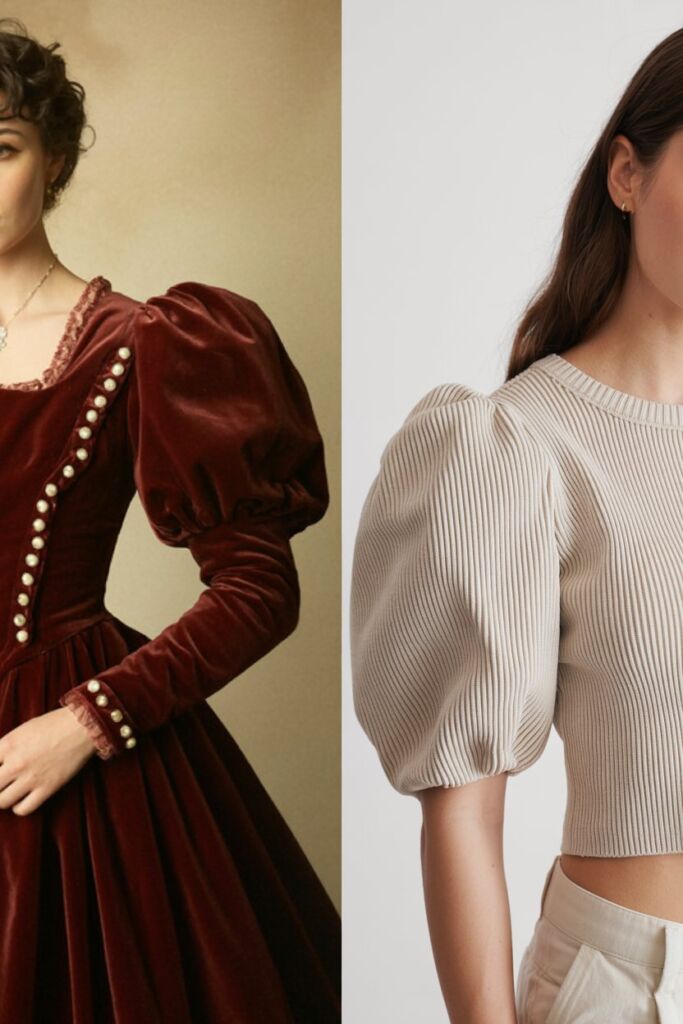 Split-screen Vintage Victorian puff sleeve gown vs. modern 2026 ribbed puff top
