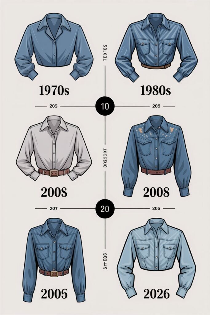 Timeline of blue denim blouse evolution from 1970s to 2026