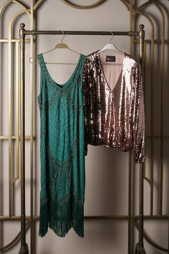Vintage 1920s flapper dress next to a modern sequin blouse