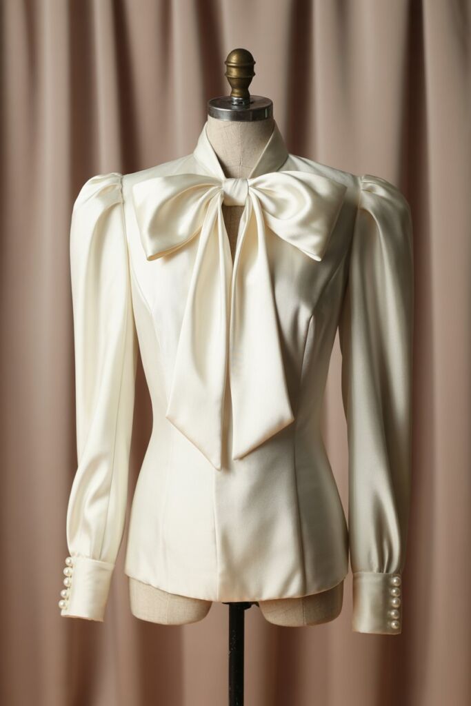 Vintage bow blouse from 1980s fashion featuring Princess Diana’s iconic power-bow silhouette