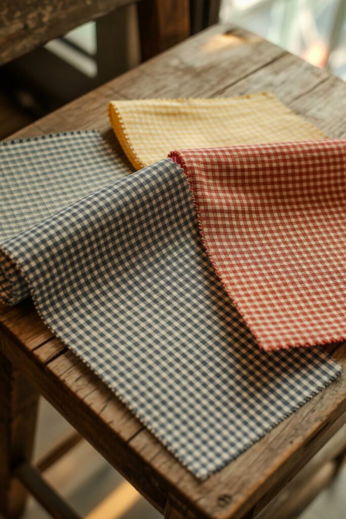 Vintage gingham fabric swatches in blue, red, and pastel checks displayed on a rustic wooden table