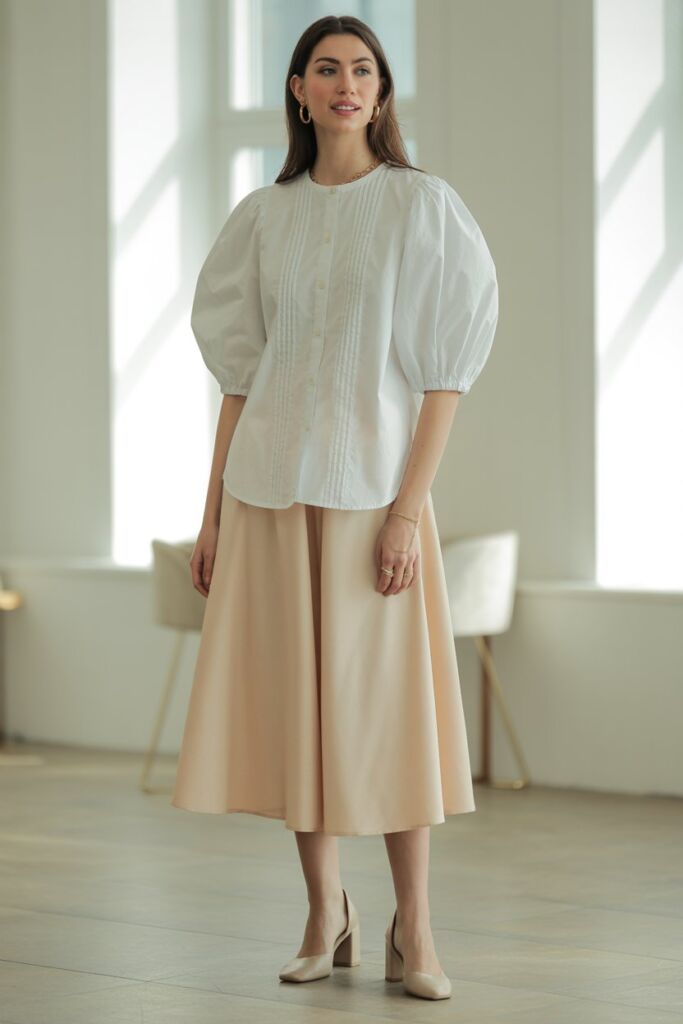 White puff sleeve blouse with midi skirt