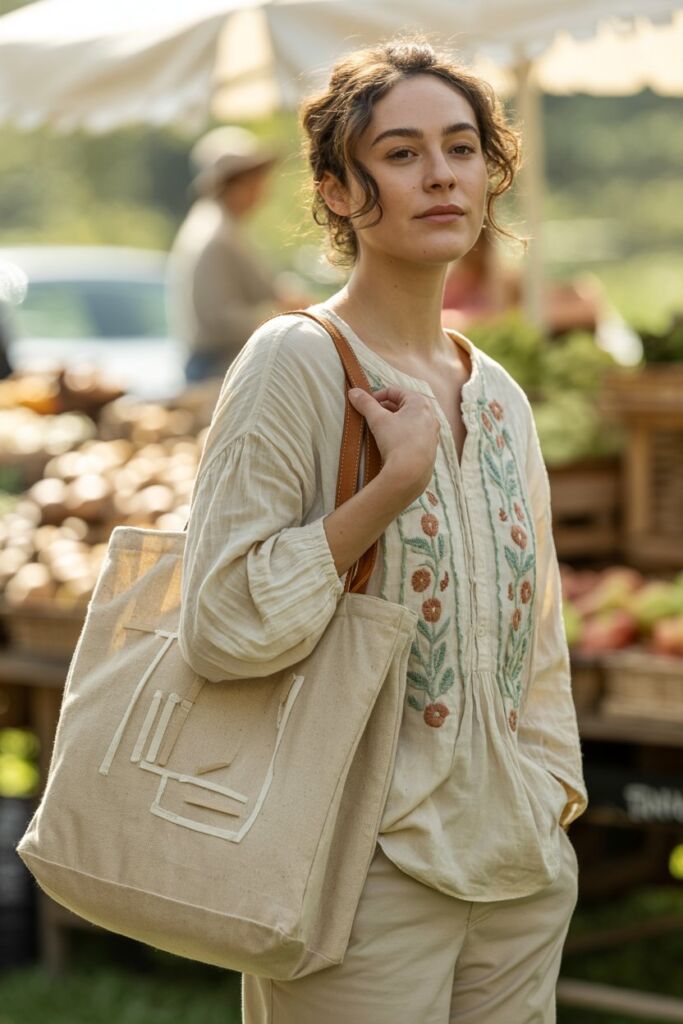 Woman in sustainable embroidered blouse holding reusable tote