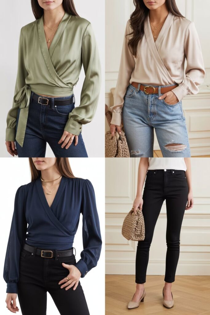 Wrap top outfits collage showing 3 jean combos)