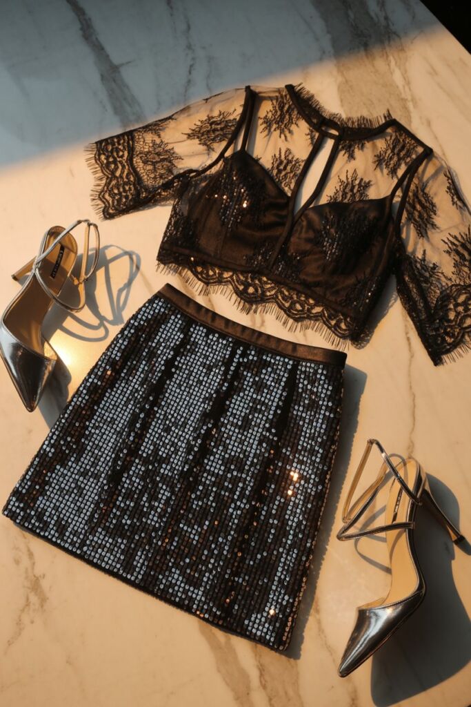 Black lace party blouse with sequined mini skirt and metallic heels