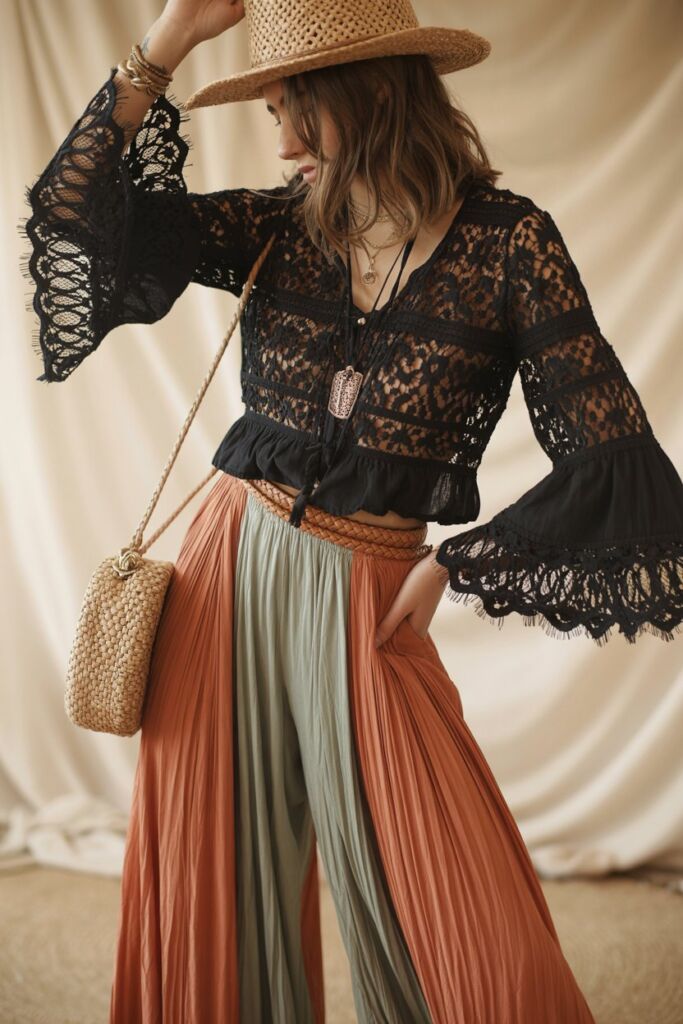 Boho lace blouse with earthy-toned palazzo pants and woven accessories