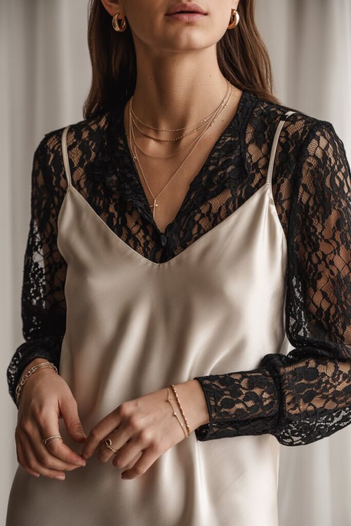 Lace blouse under satin slip dress with delicate gold jewelry