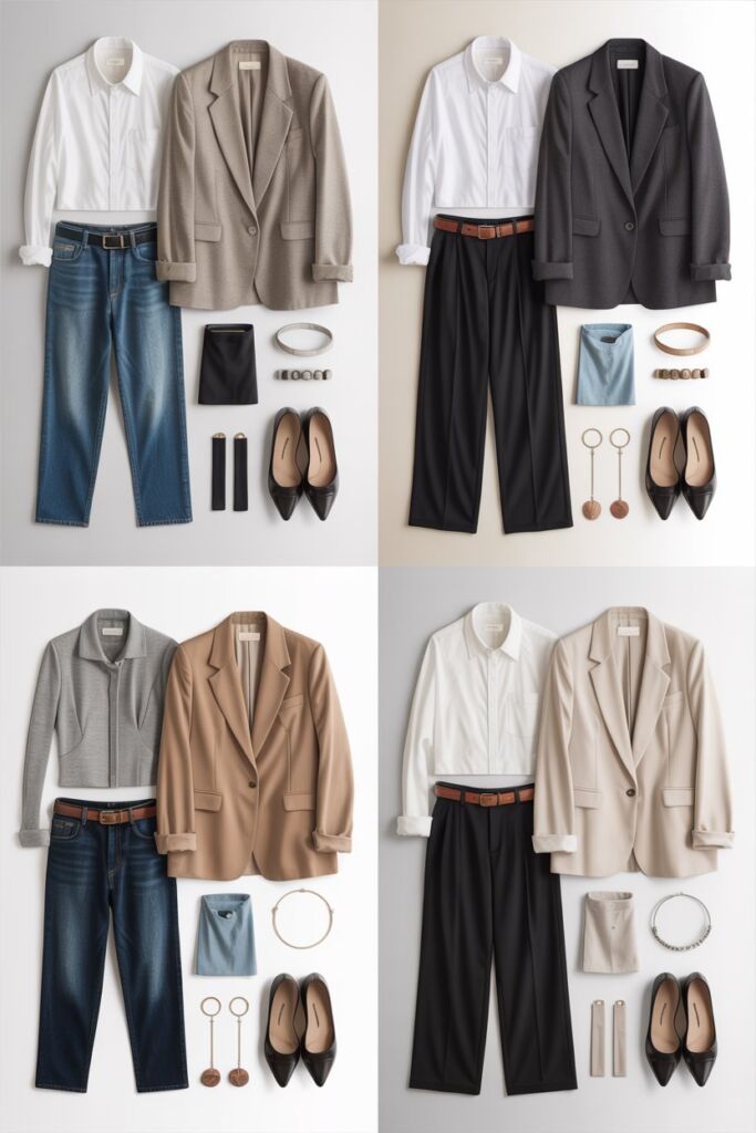 Four outfit flat lays using capsule pieces