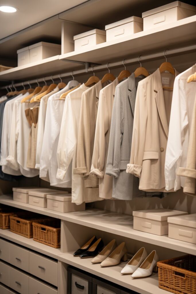 Organized closet with neutral color palette