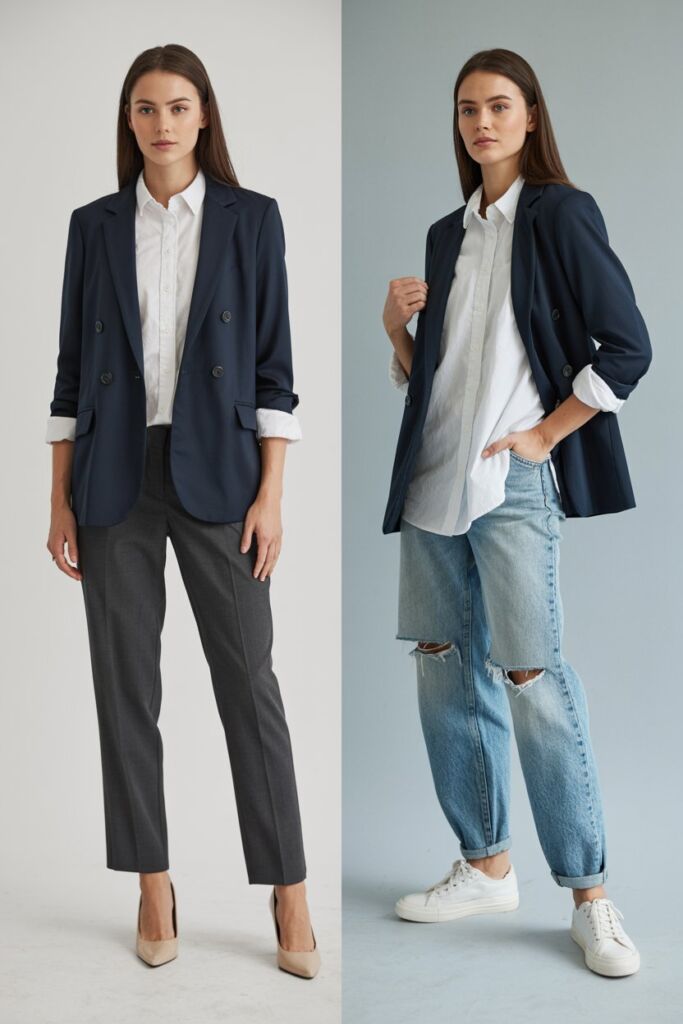 Side-by-side of same outfit styled two ways