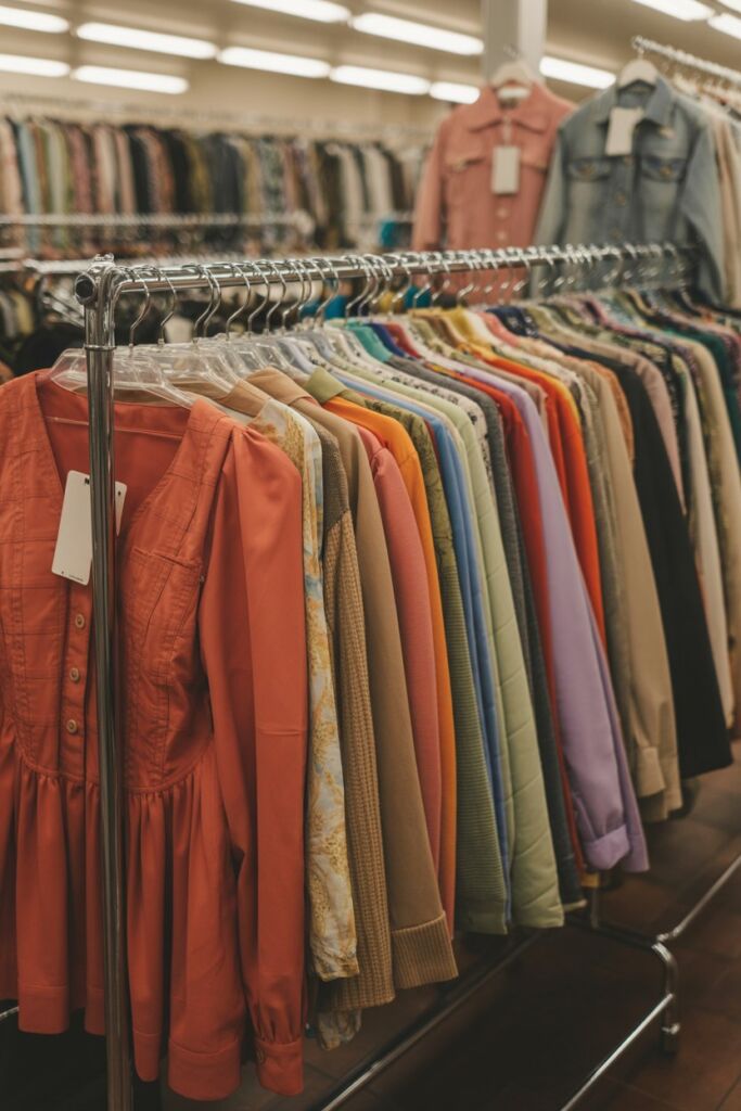 Thrift store rack with color-coded clothing